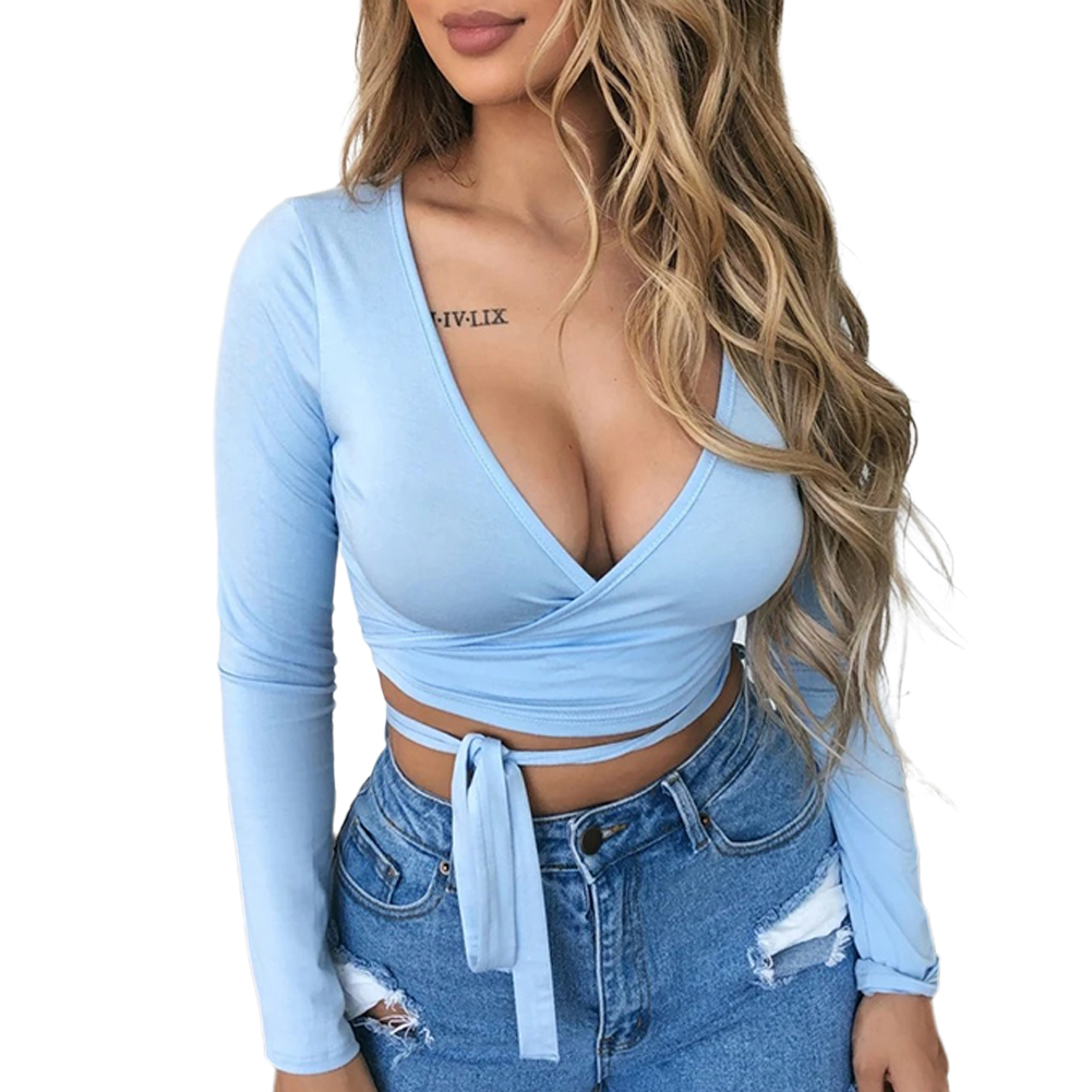 Women’s Fashion Wrap Crop Top Sexy Deep V Neck Autumn Knot Front Long Sleeve Basic Tee Casual Strappy Blouse alx