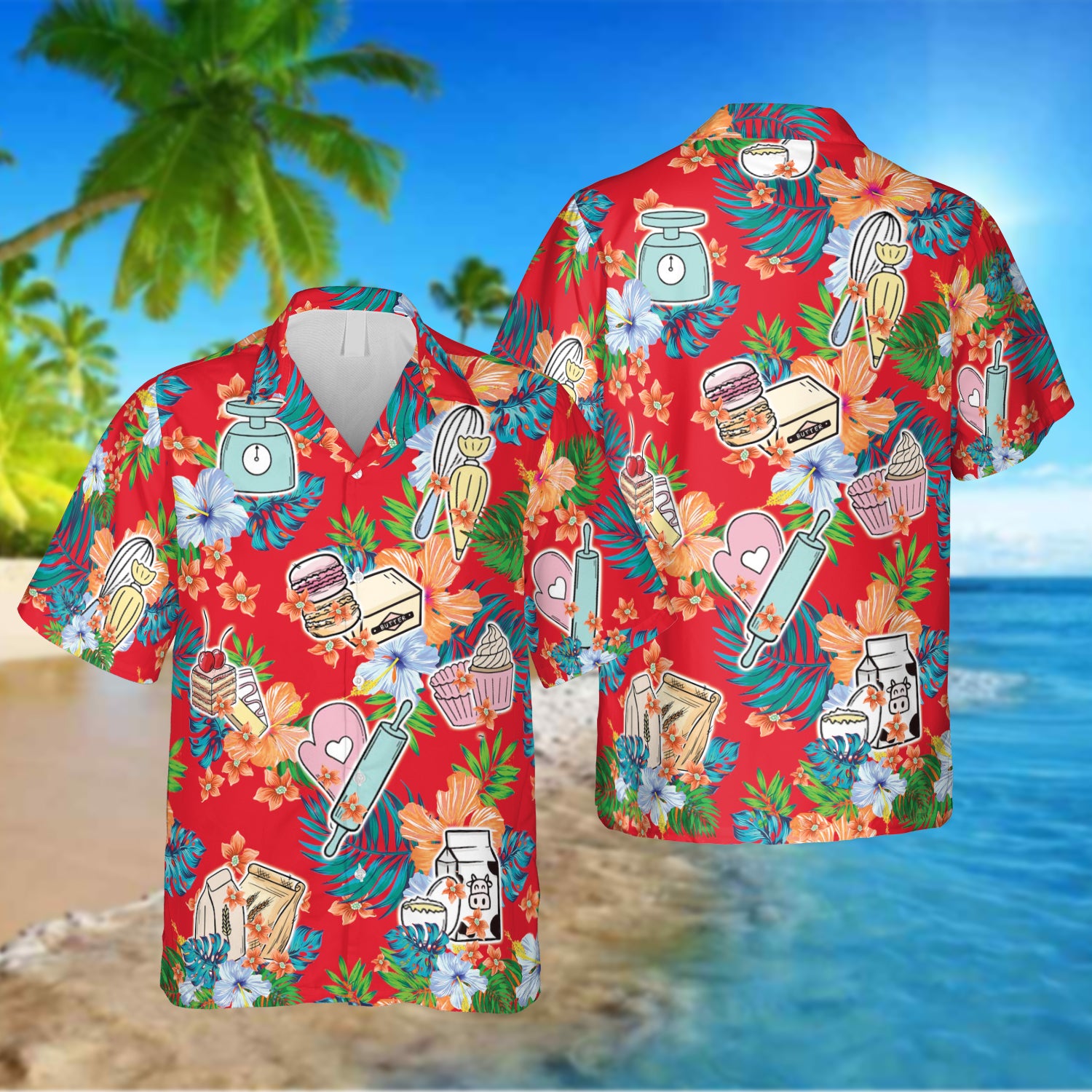 Vintage Red Baker Hawaiian Cake Tropical Shirt Ha99742