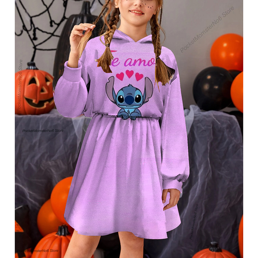 3D Printing Spring and Autumn Disney Stitch Cartoon New Long Sleeve Hoodie Skirt Children’s Dress Casual Cartoon Girls Skirt alx