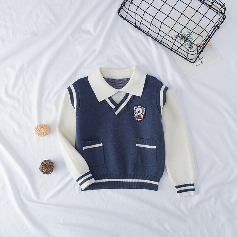 British Style Boys Sweaters Turn Down Collar Toddler Knitted Wear School Knitted Wear Children’s Tops Kids Clothes alx