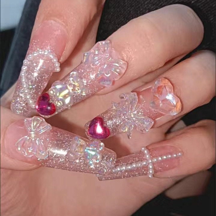 Long Coffin Pink Cute Bear Press on nail/Candy Bear Nails/Candy Heart Glitter Press On Nails Kawaii Cute Animal Cartoon Nails #248