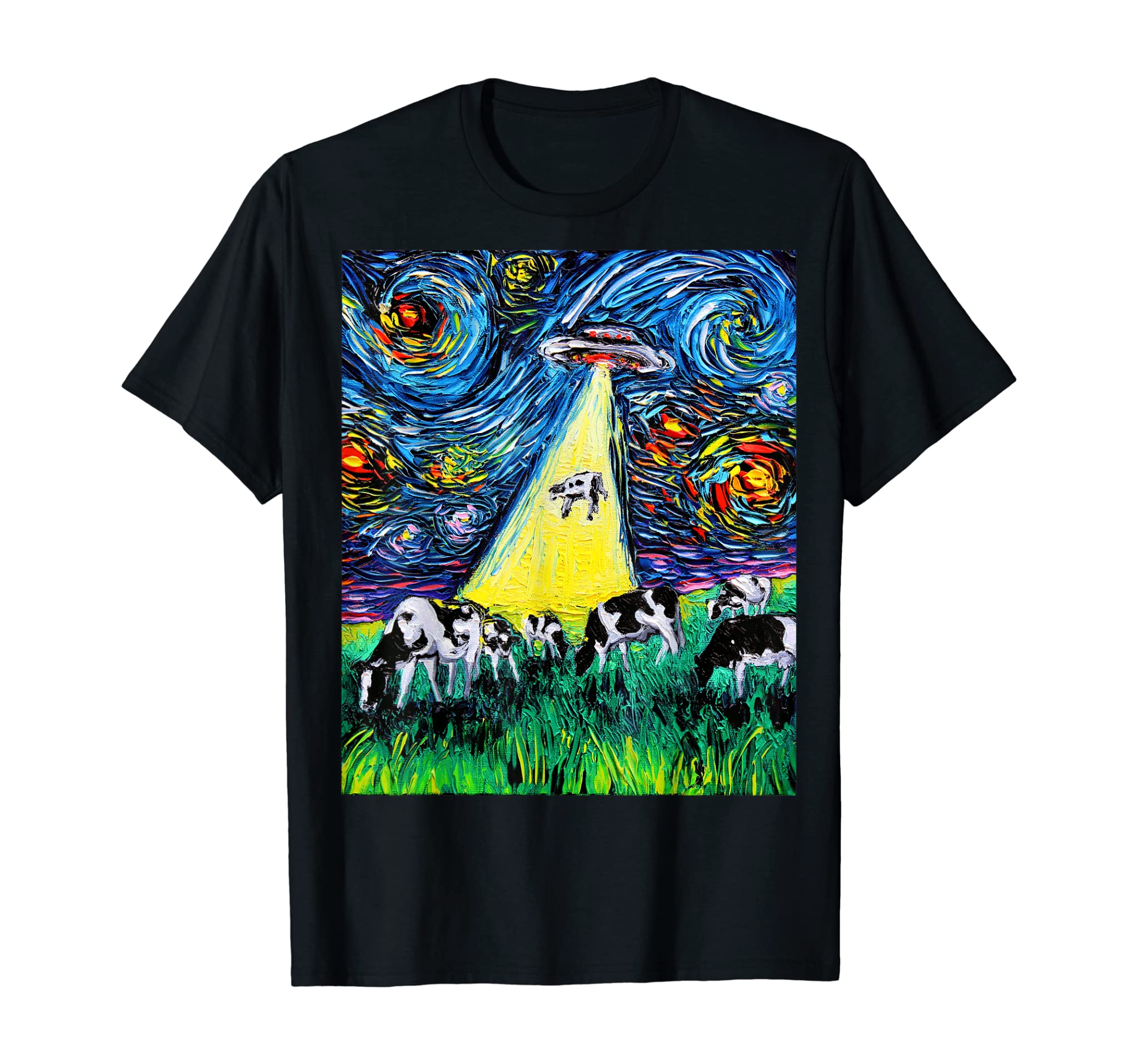 Alien Abduction Cows UFO Starry Night Funny Art by Aja T-Shirt