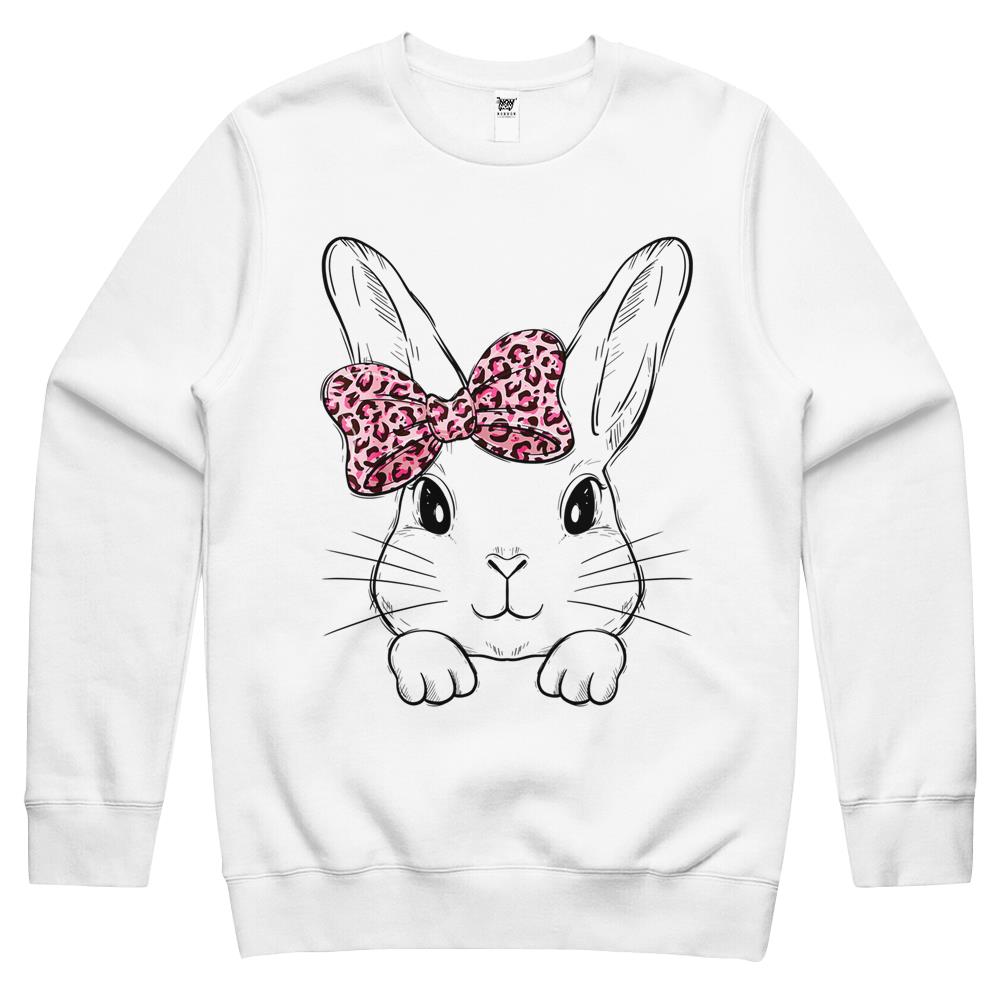 Cute Bunny Face Leopard Bow Tie Easter Day Girls Womens Crewneck Sweatshirt