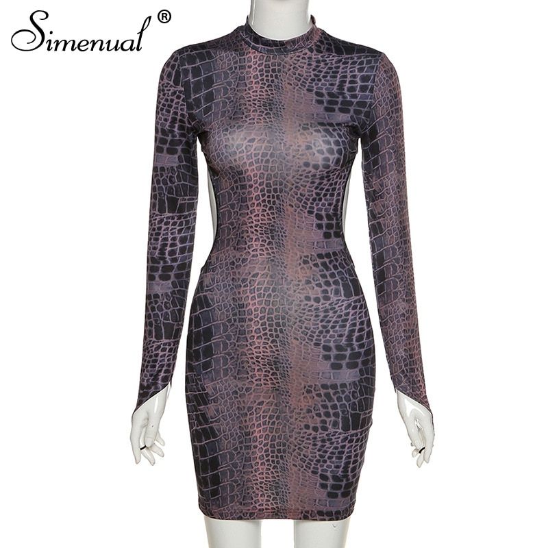 Snake Print Backless Long Sleeve Skinny Mini Dress