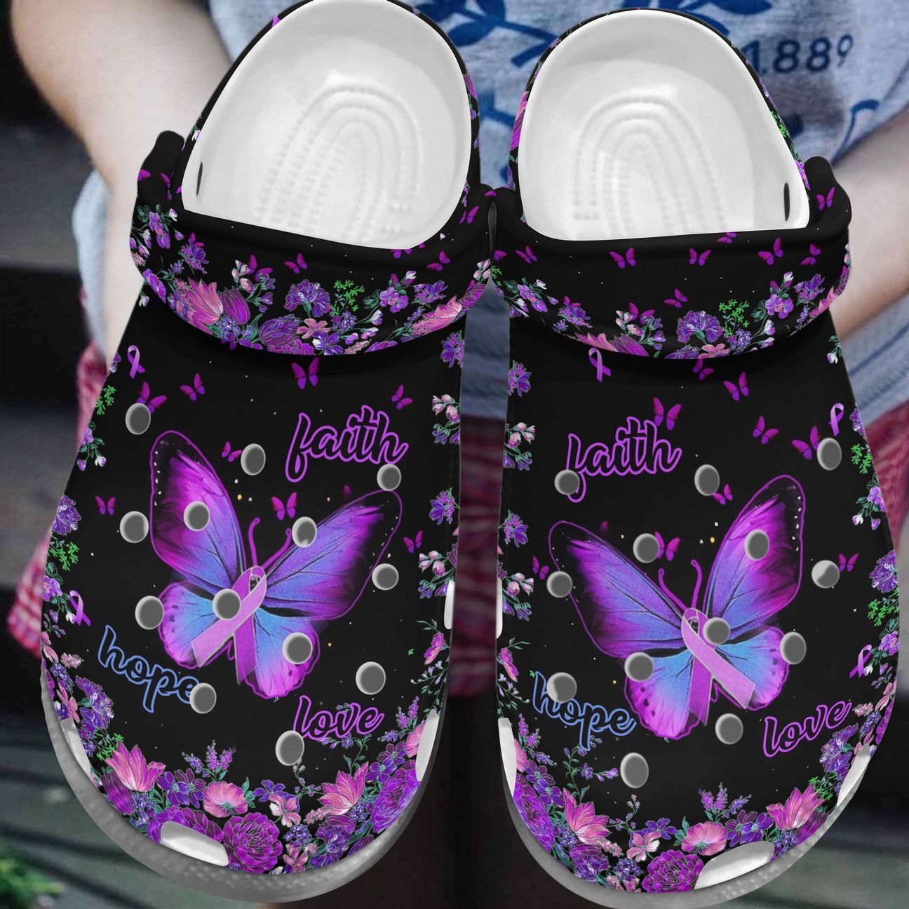 Breast Cancer Personalized Clog, Custom Name, Text, Color, Number Fashion Style For Women, Men, Kid, Print 3D Purple Butterfly