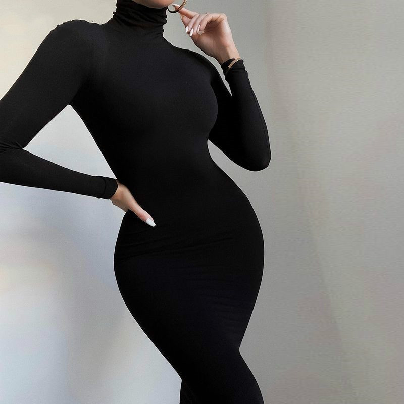 Turtleneck Long Maxi Dress Women Autumn Winter Muslim Elegant Office Lady Skinny Long Sleeve Bodycon Casual Dress Solid PR464G alx