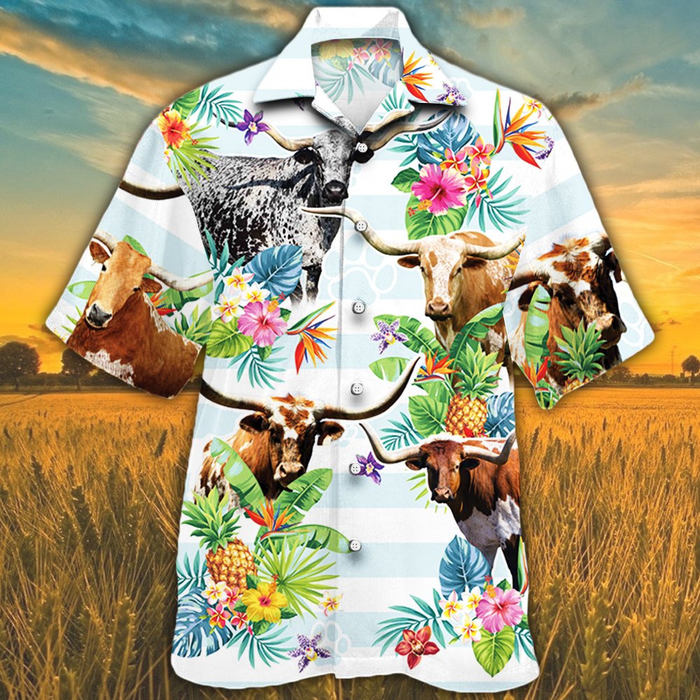 Tx Longhorn Cattle Lovers Tropical Flower Hawaii Shirt Ha95240