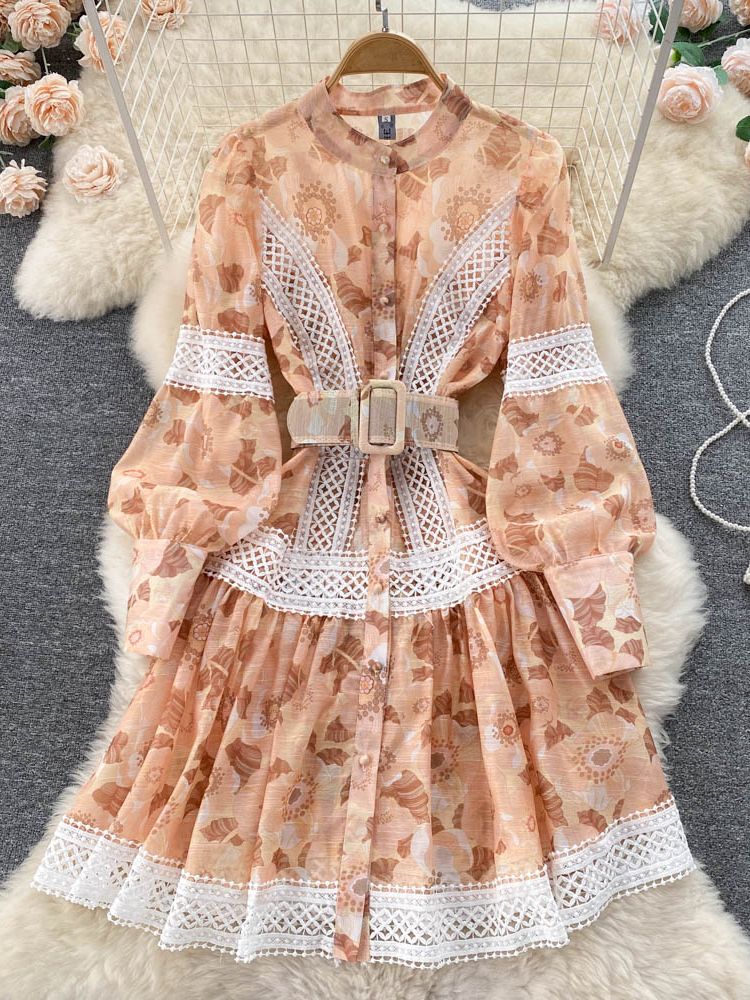 2022 Fashion Embroidery Lace Hollow Out Stitching Flower Dress Women Single Breasted Lantern Sleeve Floral Print Belt Vestidos alx