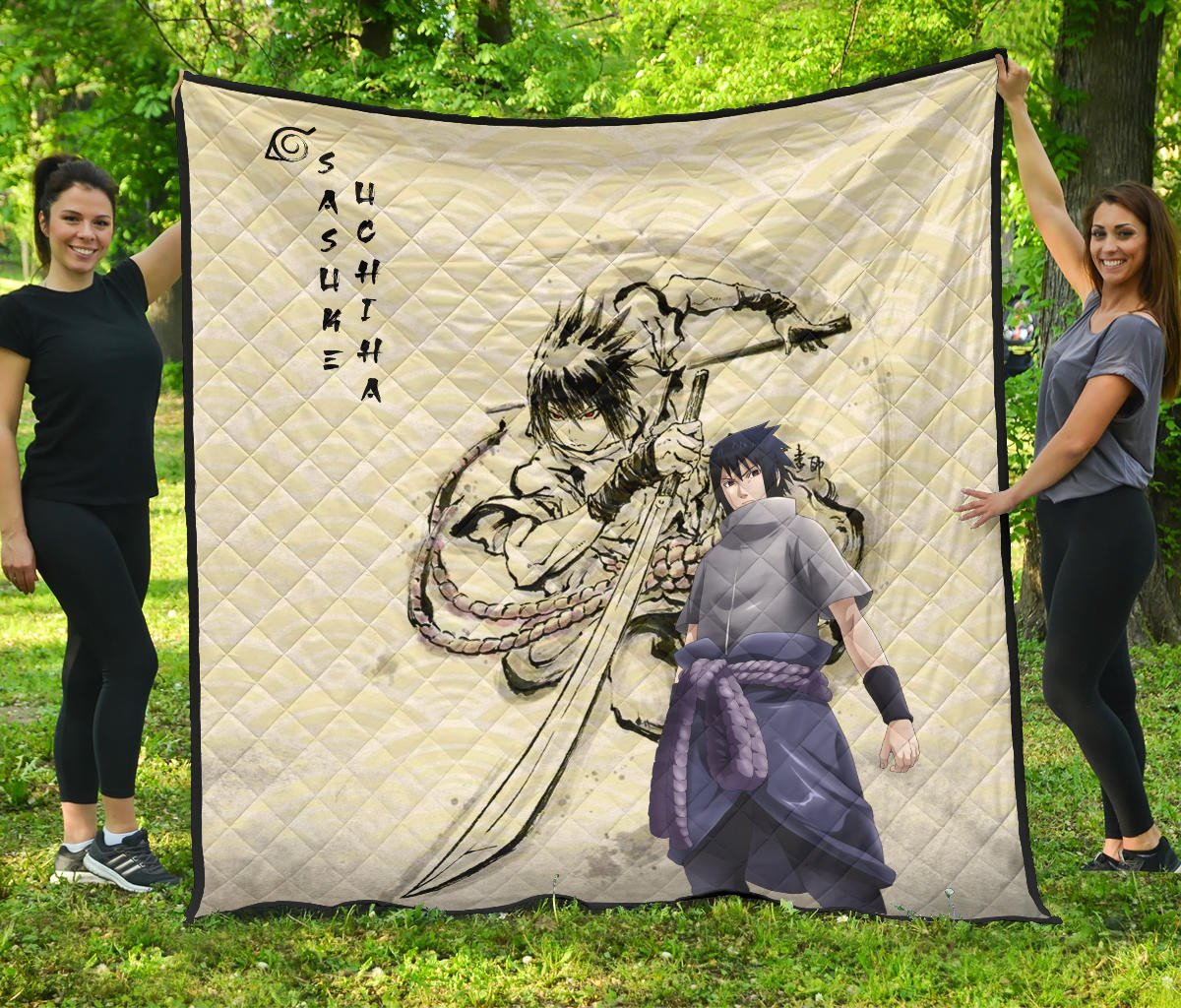 Naruto Anime Sasuke Uchiha Using Sword Black Painting Artwork Premium Quilt Blanket