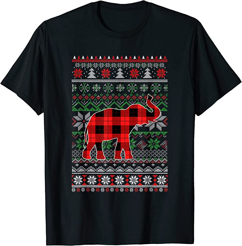 Ugly Christmas Sweater Elephant Plaid Funny Holiday Winter T-Shirt