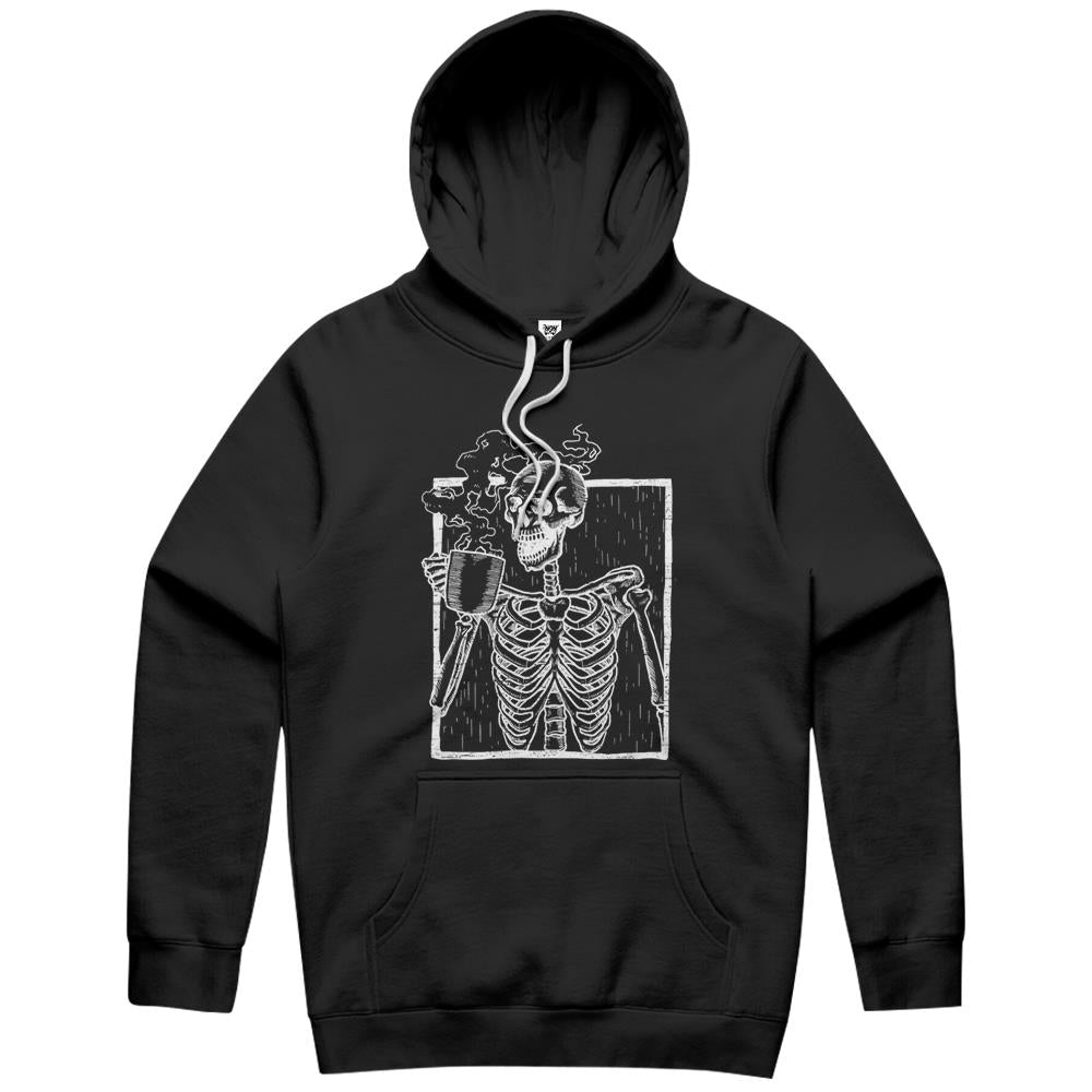 Distressed Skeleton Vintage Smiling Skull Drinking Coffee Hoodie