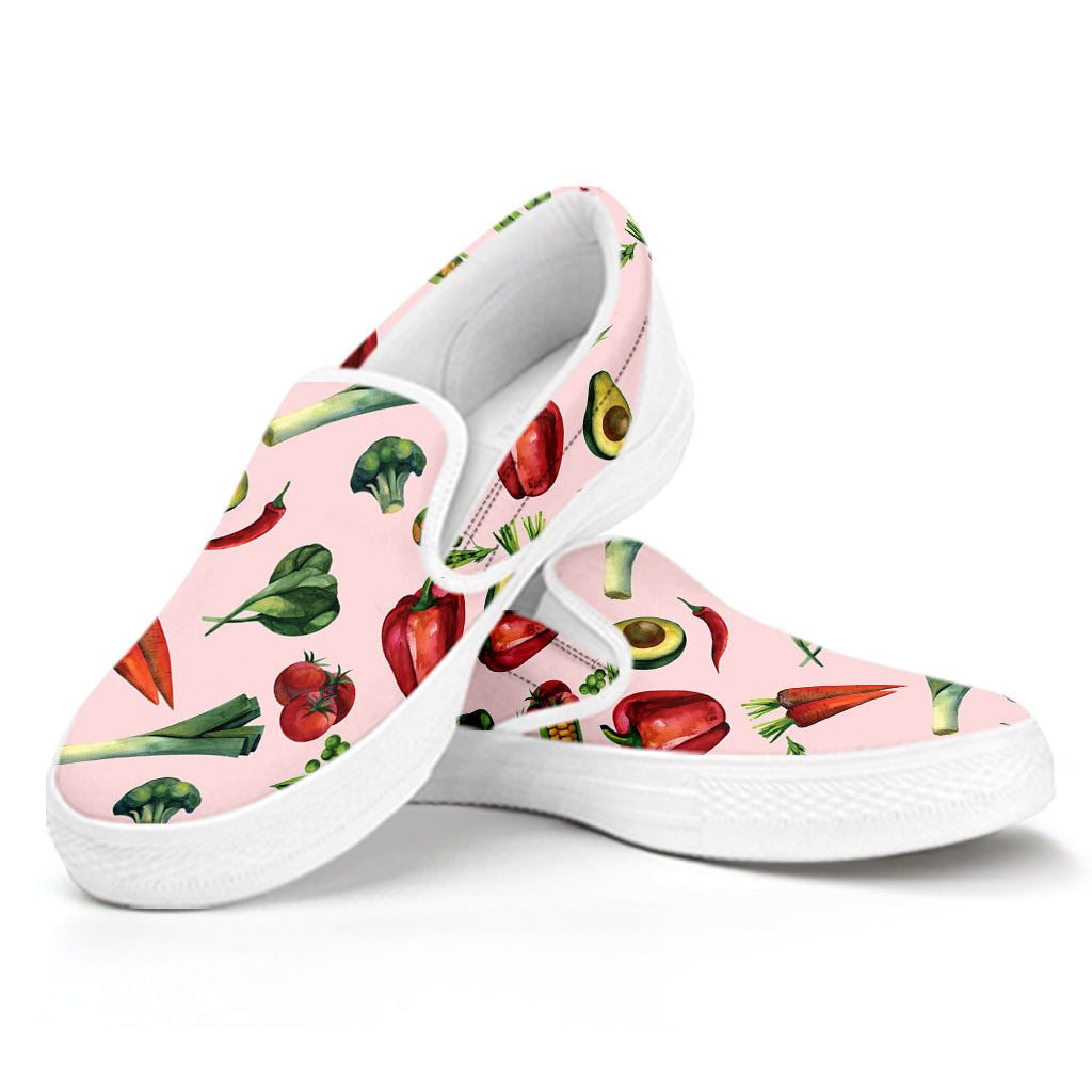 Watercolor Vegan Pattern Print White Slip On Shoes