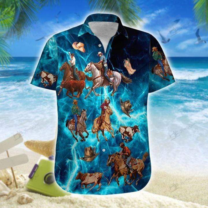 Amazing Blue Team Roping Love Horse Unisex Hawaiian Shirts – Beach Shorts