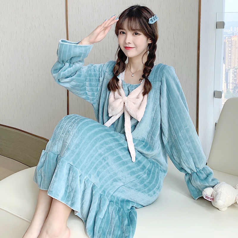 12 Colors Winter Thick Thermal Nightgowns Women Sweet Square Collar Bow Loose Fluffy Leisure Soft Tender Nightwear Fresh Flannel alx