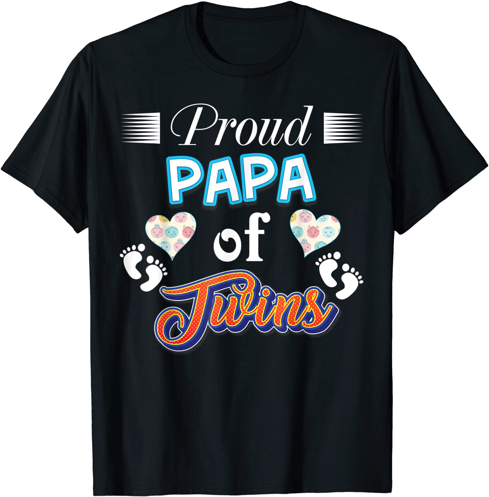 Proud Papa Of Twins Father Day Heart Footprint Dad Daddy T-Shirt