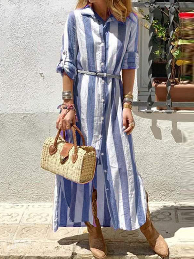 Women Autumn Cotton Linen Long Sleeve Maxi Dress Vintage High Waist Striped Print Dress Boho Beach Long Dress New Vestidos Mujer alx