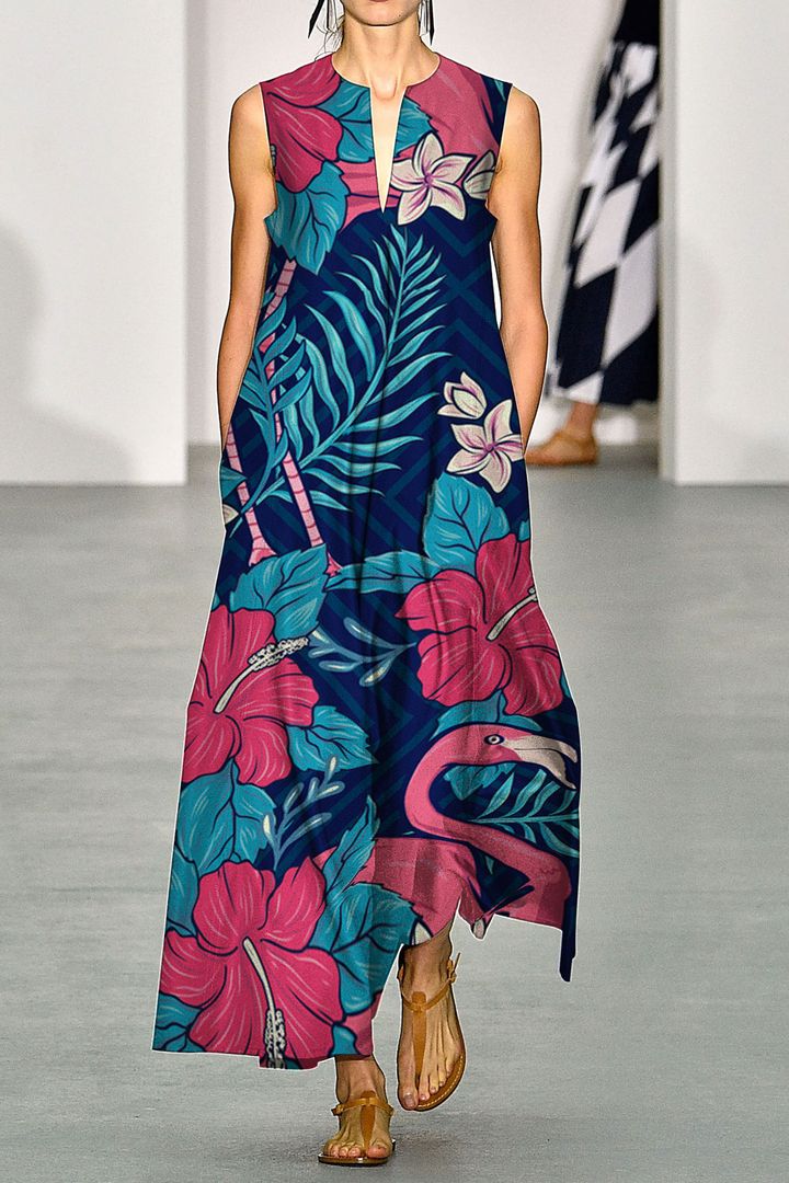 Hawaii Floral Flamingos Colorful V Neck Maxi Dress Ha4445