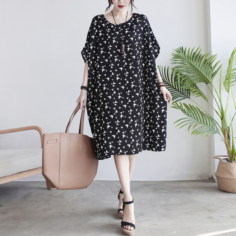 #3355 Summer Chiffon Dress Women Short Sleeves Butterfly Printed A-line Dress Ladies Loose Thin Knee Length O-Neck Black Sexy alx