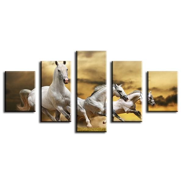 Team Of White Horses Running 1 Animal 5 Panel Canvas Art Wall Decor