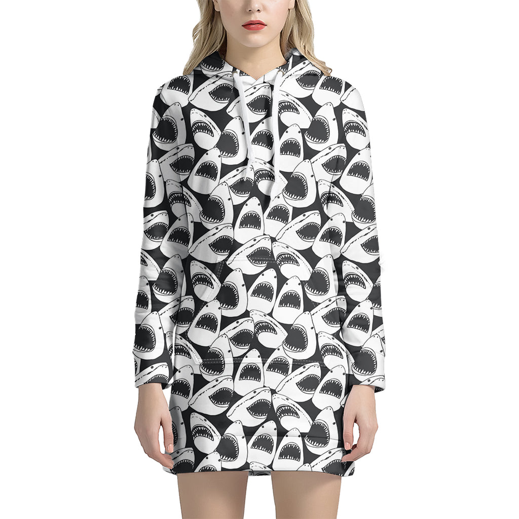 White And Grey Shark Pattern Print Women’S Pullover Hoodie Dress