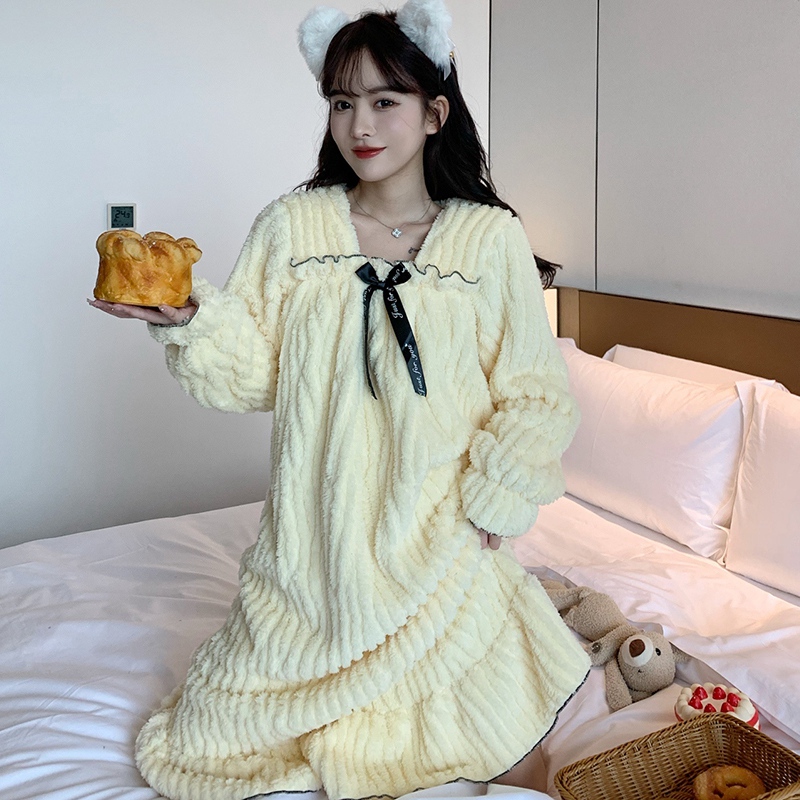 2022 Winter Plus Size Long Sleeve Thick Warm Flannel Nightgowns for Women Korean Loose Sleepwear Night Dress Nightdress Nighty alx