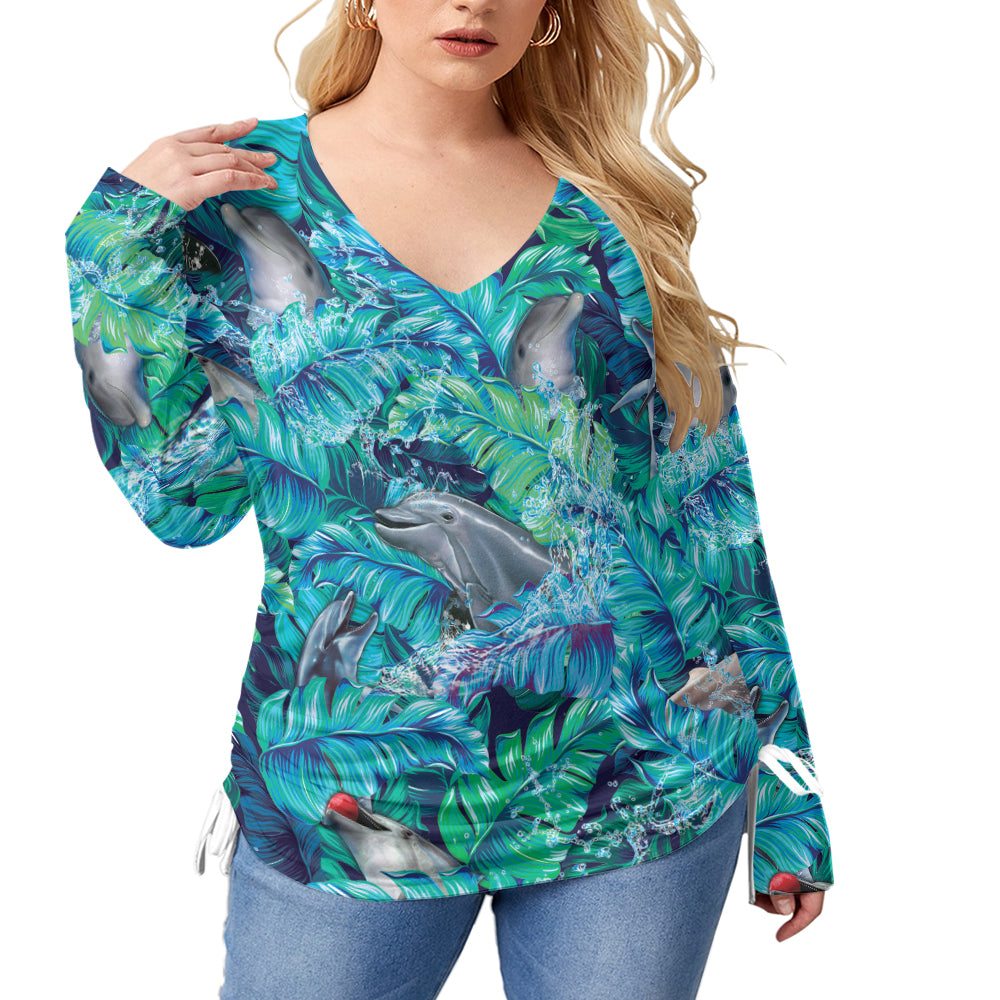 Dolphin Tropcial Monstera V-Neck Plus Size T-Shirt