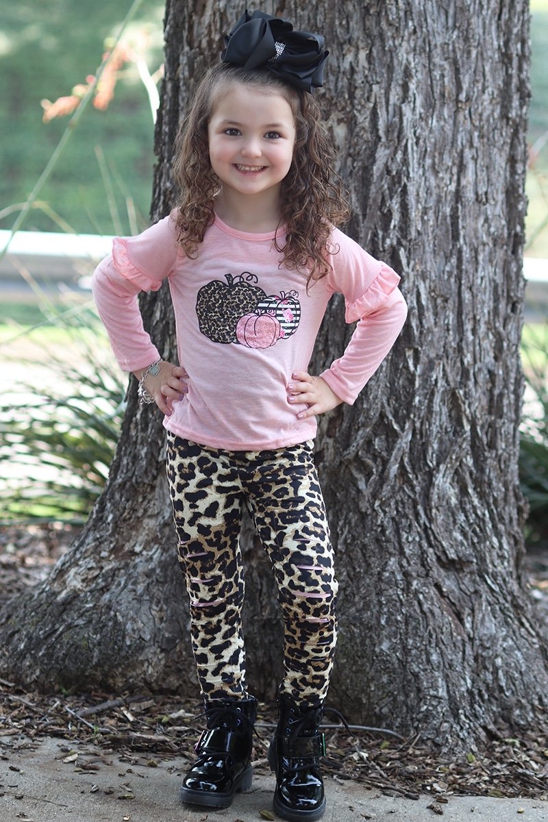 Youth Baby Pink Pumpkin Fall Long Sleeve Top With Leopard Leggings Pants Set