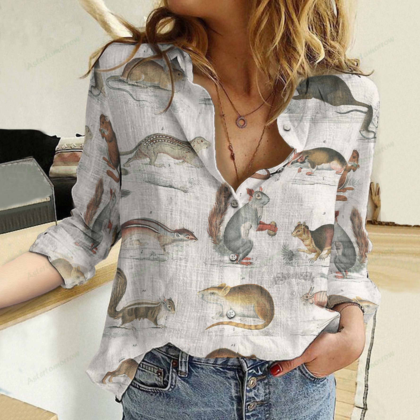 Squirrel Cotton And Linen Casual Shirt, Woodland Animals Cotton And Linen Casual Shirt