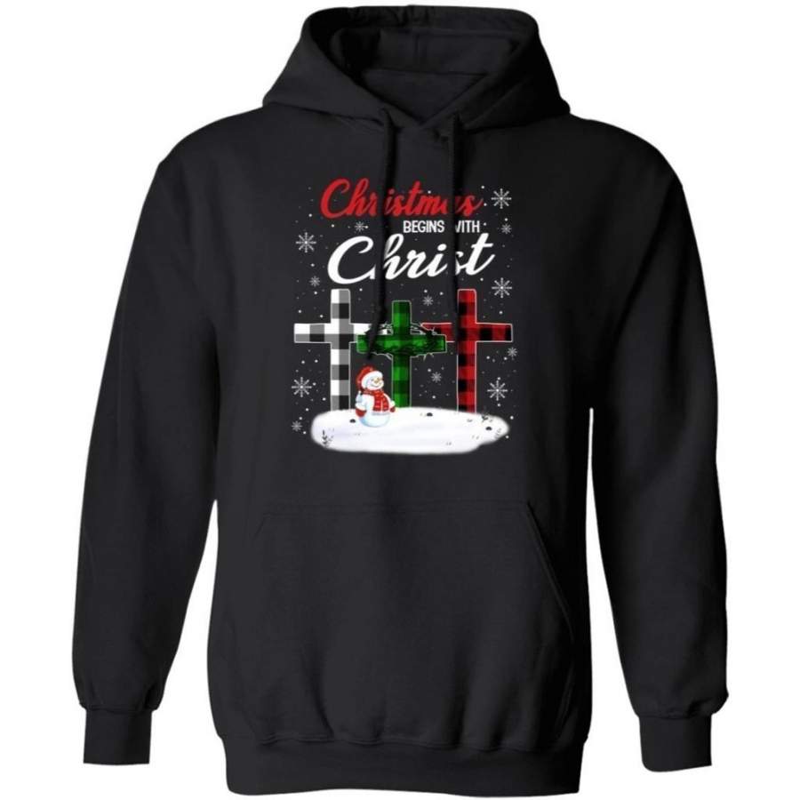 Christmas Begins With Christ Hoodie Christ Cross Buffalo Plaid Gift MT10