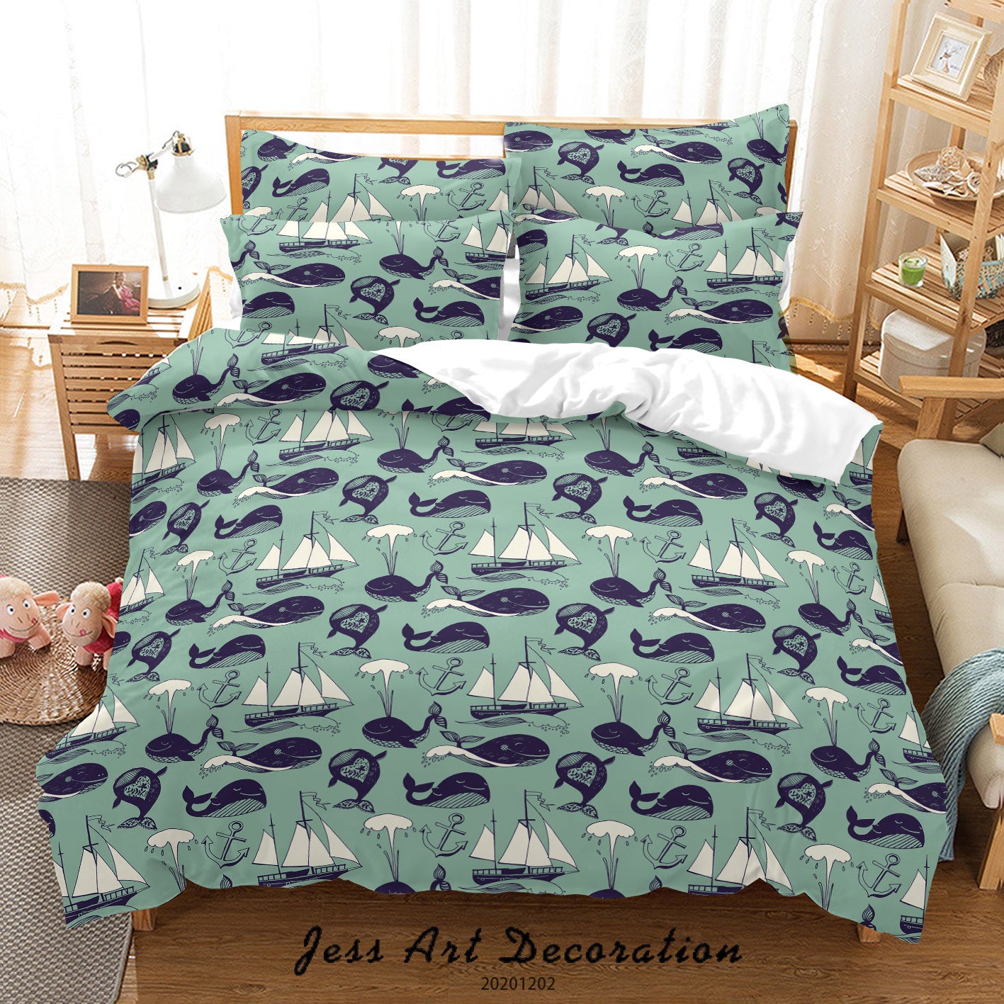 3D Hand Drawn Vintage Ocean Whale Sailboat Pattern Quilt Cover Set Bedding Set Duvet Cover Pillowcases Lxl