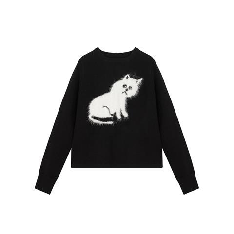 Cat Pattern Black Knitted Sweater Round Collar Long Sleeve Fashionable Autumn Women’s Clothing Soft Pullover Women Thin Sweaters alx