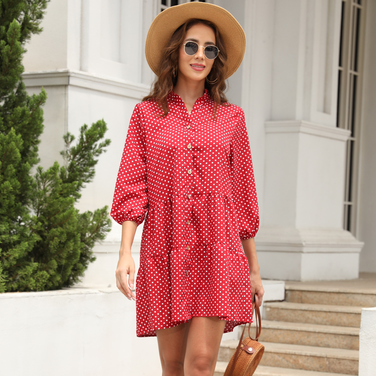 2022 New Casual Summer Dress Women Single Breasted Dot Print Above Knee Mini V-neck loose dress alx