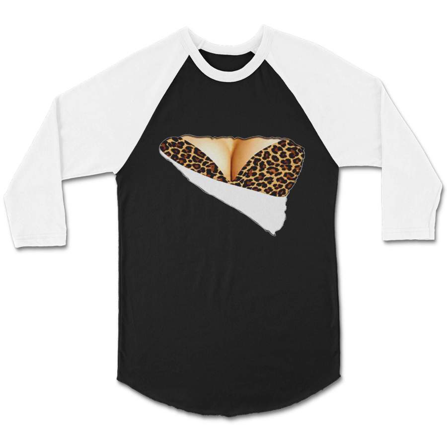 3d Funny Fake Naked Big Chest Bra Leopard Boob Cheetah Unisex 3/4 Sleeve Baseball Tee T-Shirt