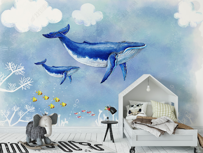 3D Watercolor Blue Cloud Whale Wall Mural Wallpaper Lqh 144