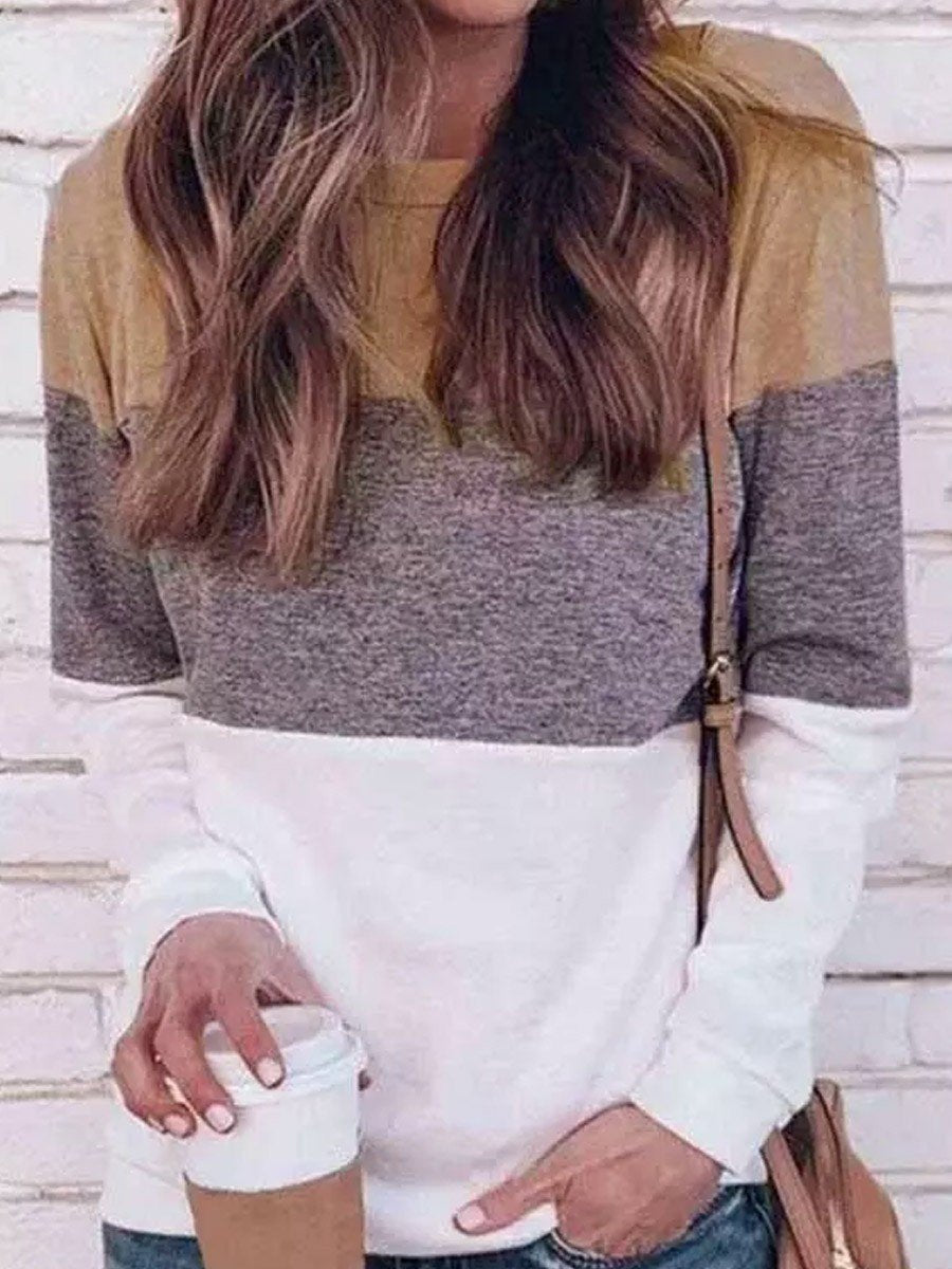 Color Block O-Neck Long Sleeve Casual Blouse