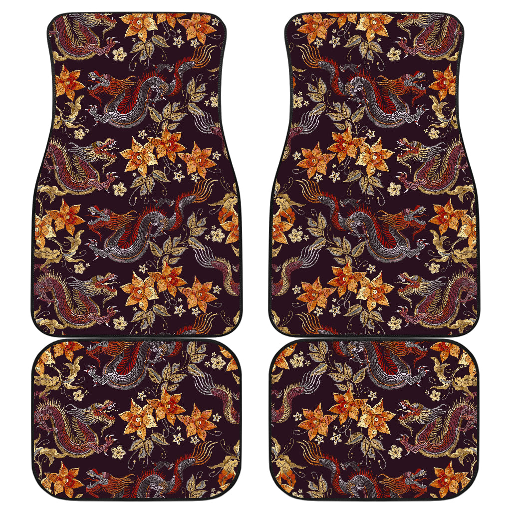 Vintage Dragon Flower Pattern Print Front And Back Car Floor Mats, Front Car Mat