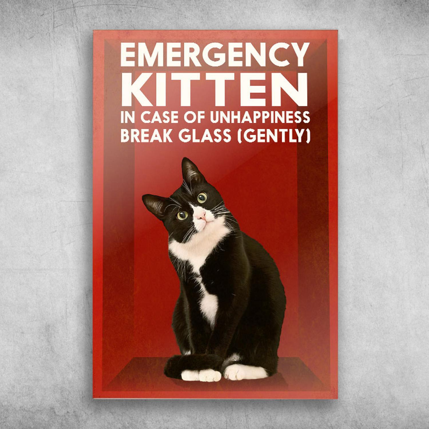 The Tuxedo Cat Emergency Kitten In Case Of Unhappiness, Break Glass (gently) Poster Print Wall Art Canvas Wall Decor