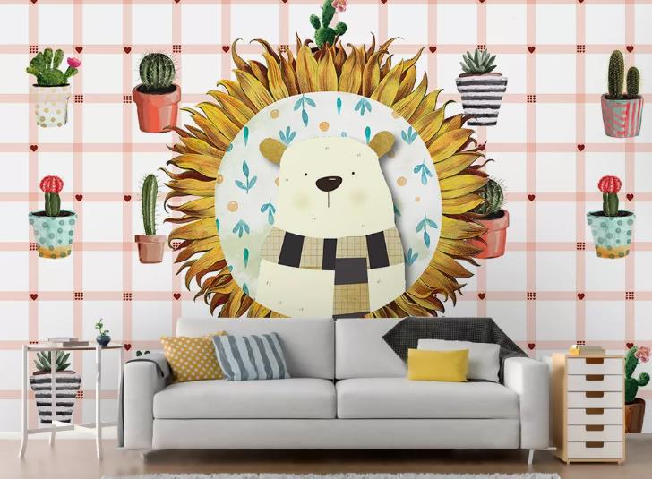 3D Hand Drawn Animal Lion Potted Plant Wall Mural Wallpaper Lqh 283