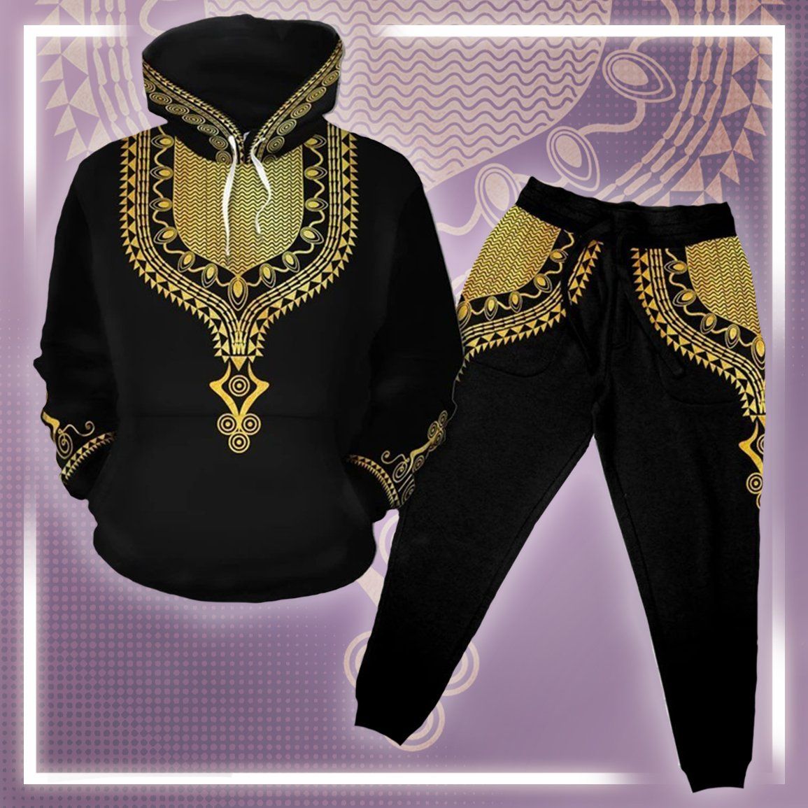 Printed Gold Pattern Dashiki All-over Hoodie And Joggers Set