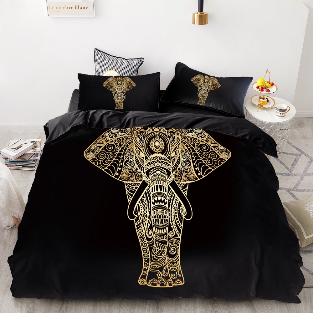 3D Hd Digital Printing Custom Bedding Set,3Pcs Duvet Cover Set Queen Cal King,Bedclothes Gold Elephant