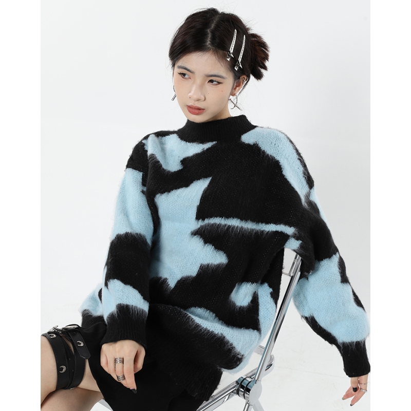 Women Sky Blue Sweater Round Neck Tie-Dyed Fashion Vintage Leisure Lazy Wind Loose Winter Female Thicken Warm Knitting Pullover alx