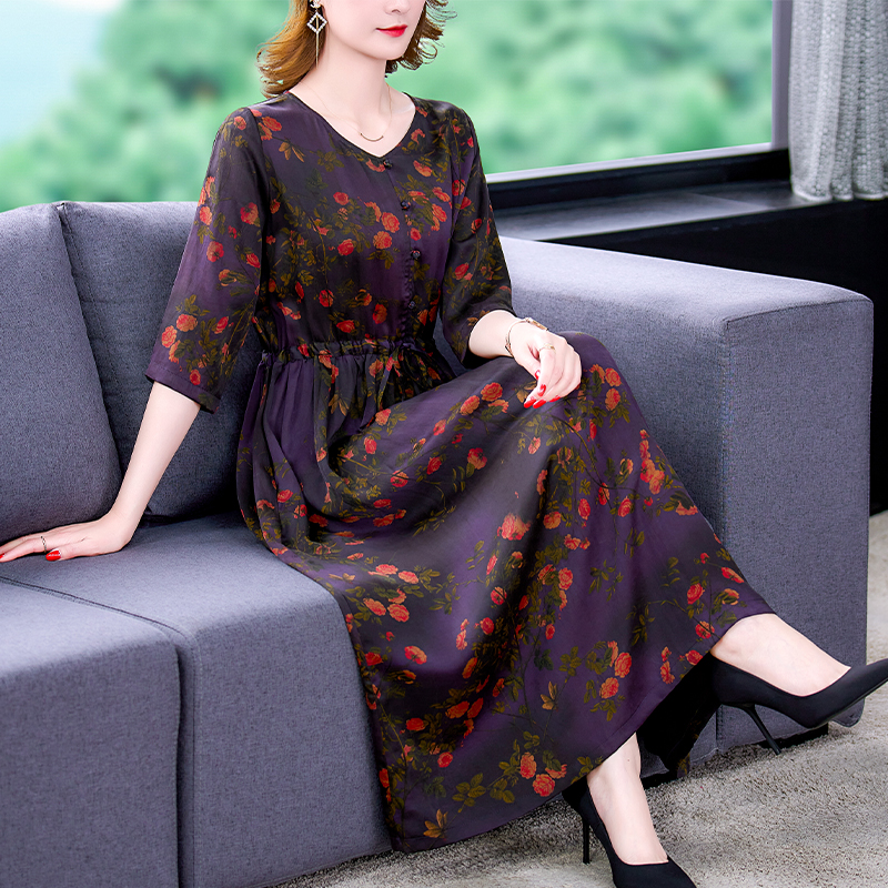 Spirng Summer Floral Mulberry Silk Midi Dress 2022 Korean Vintage Casual Party Dress Women Elegant Plus Size Loose Waist Dresses alx