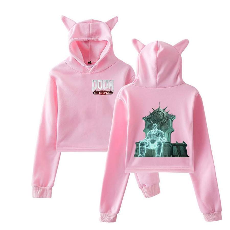 Bunny Ear Hoodie for Girl with Doom Eternal Image Game Party Hoodie Ideal Present