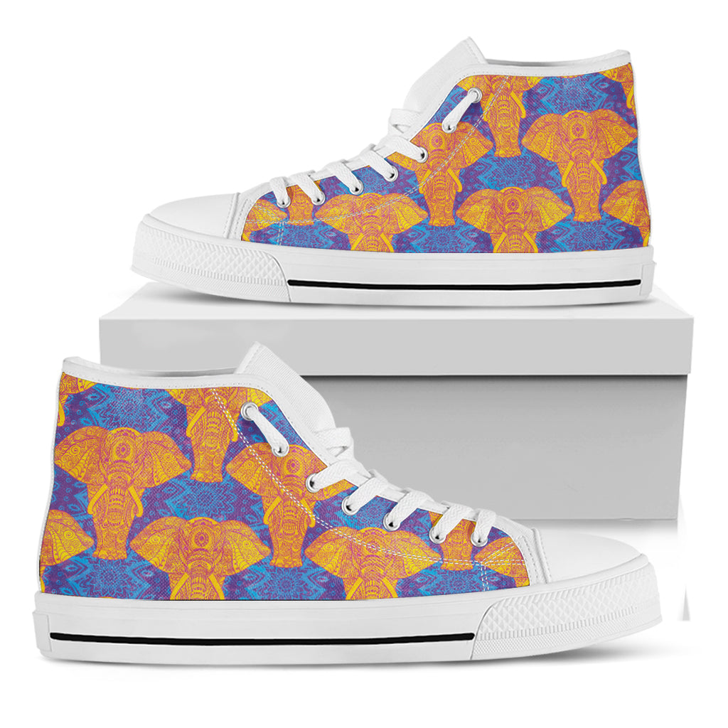 Yellow Mandala Elephant Pattern Print White High Top Shoes