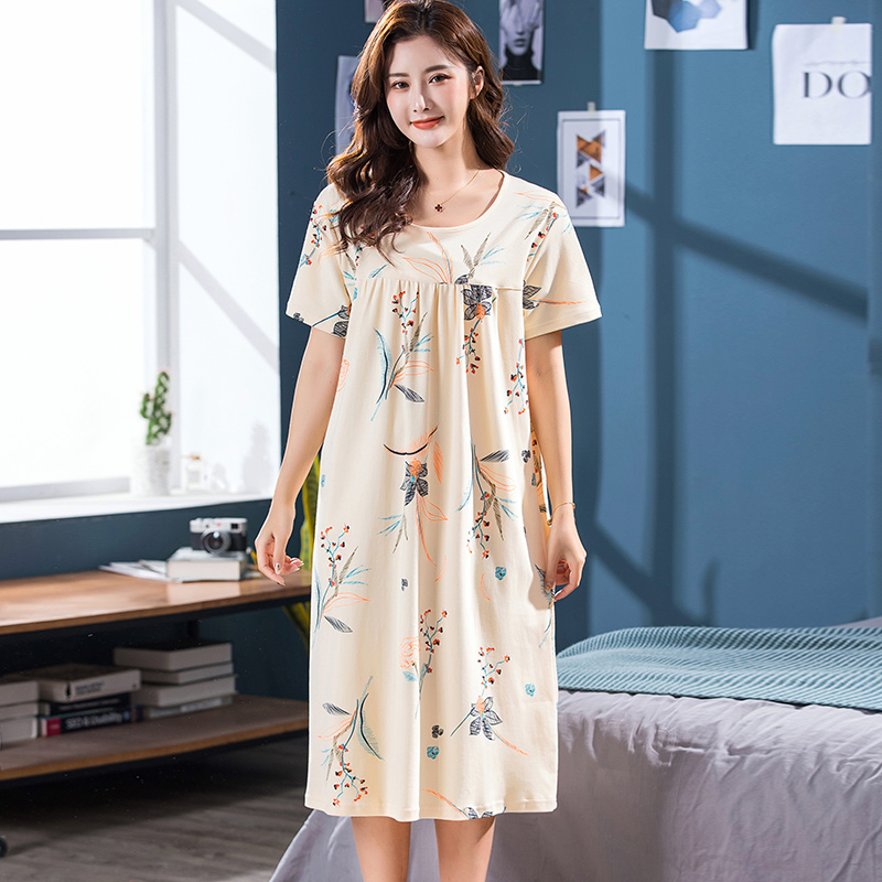 Women’s Cotton Floral Print O-neck Night Dress Short Sleeve Sweet Nightie Home Clothes 2022 Spring Summer Sleepwear Female M-3XL alx