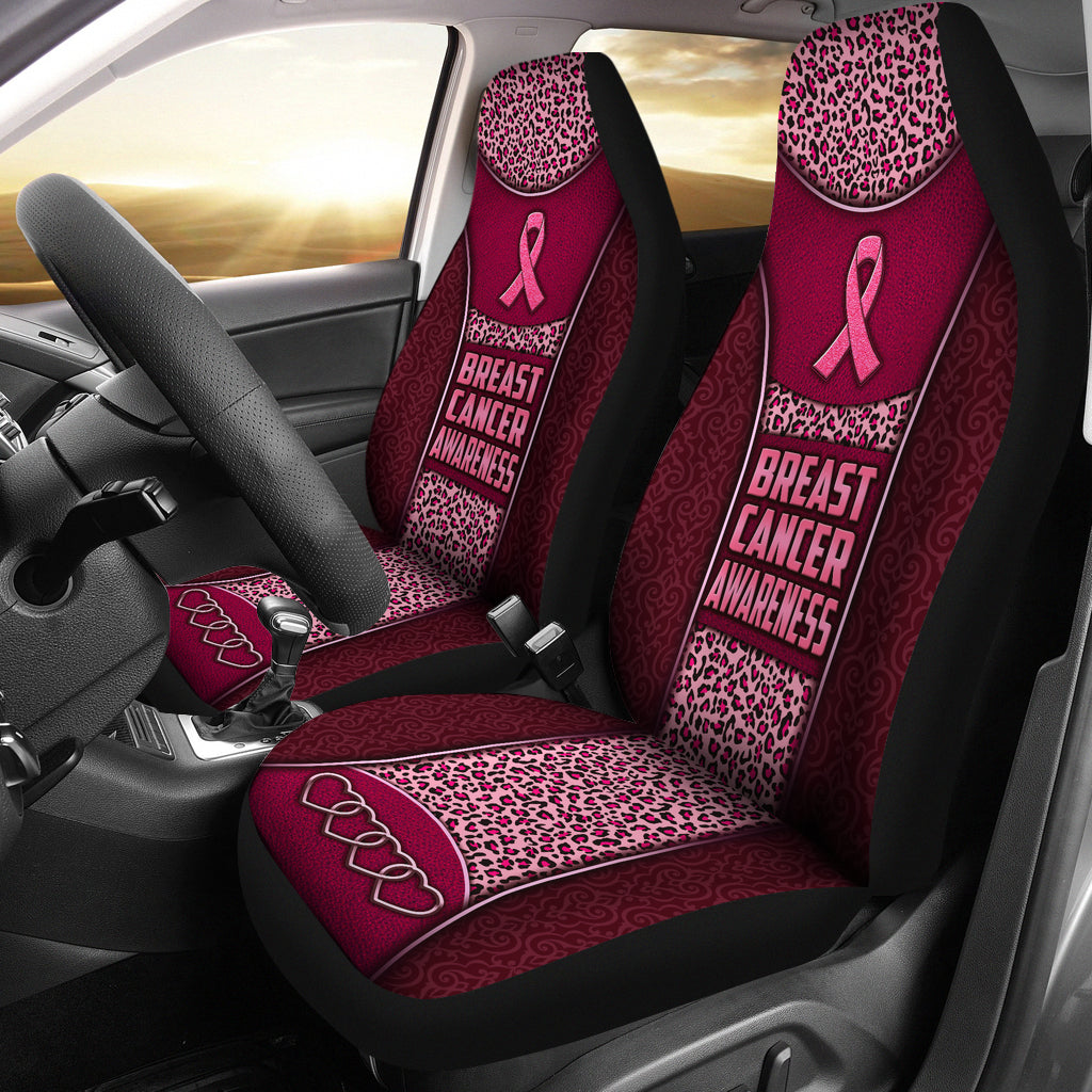 Breast Cancer Awareness Vintage Classic Pattern Leopard Leather Texture Car Seat Covers, Seat Covers Set Of Two, Automotive Seat Covers Set