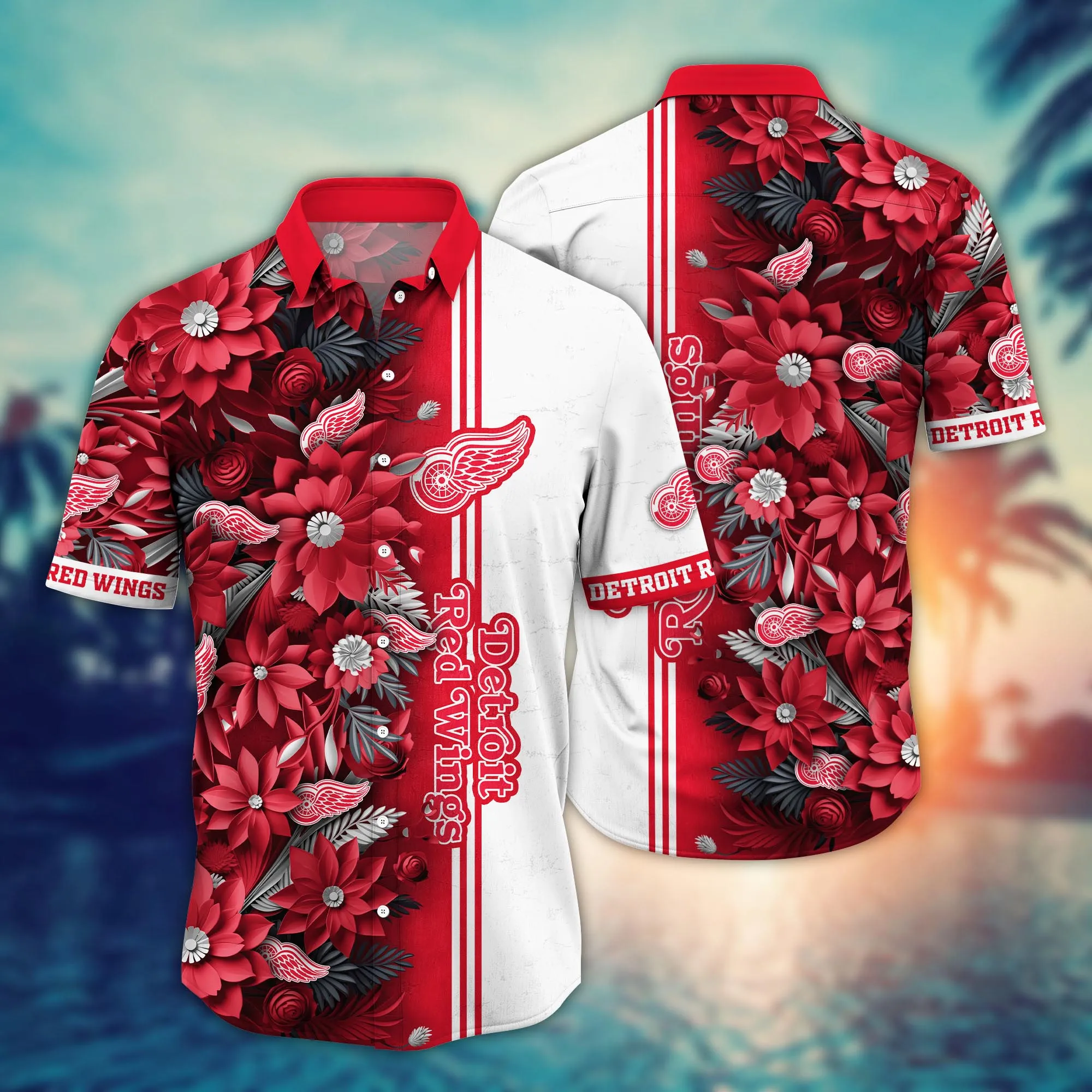 Detroit Red Wings Nhl Hawaiian Shirt Custom Blooming Flowers Aloha Shirt