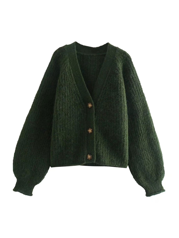 TRAF Women Fashion Front Buttons Loose Knit Cardigan Sweater Vintage V Neck Long Sleeve Female Outerwear Chic Tops alx