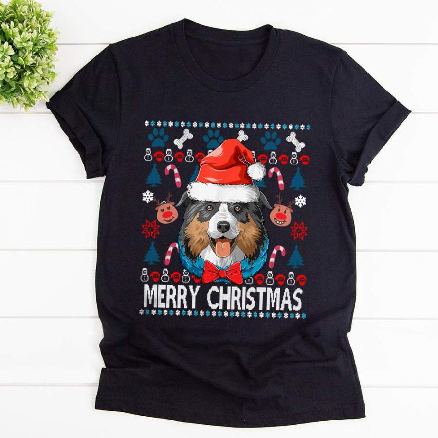 Australian shepherd antlers christmas xmas santa hat candy can reindeer merry christmas black cotton t shirt for men and women S-6XL