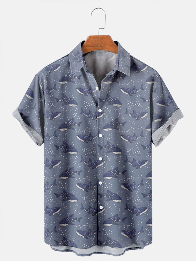 Men’S Starry Whale Shark Printed Short Sleeve Hawaiian Shirt